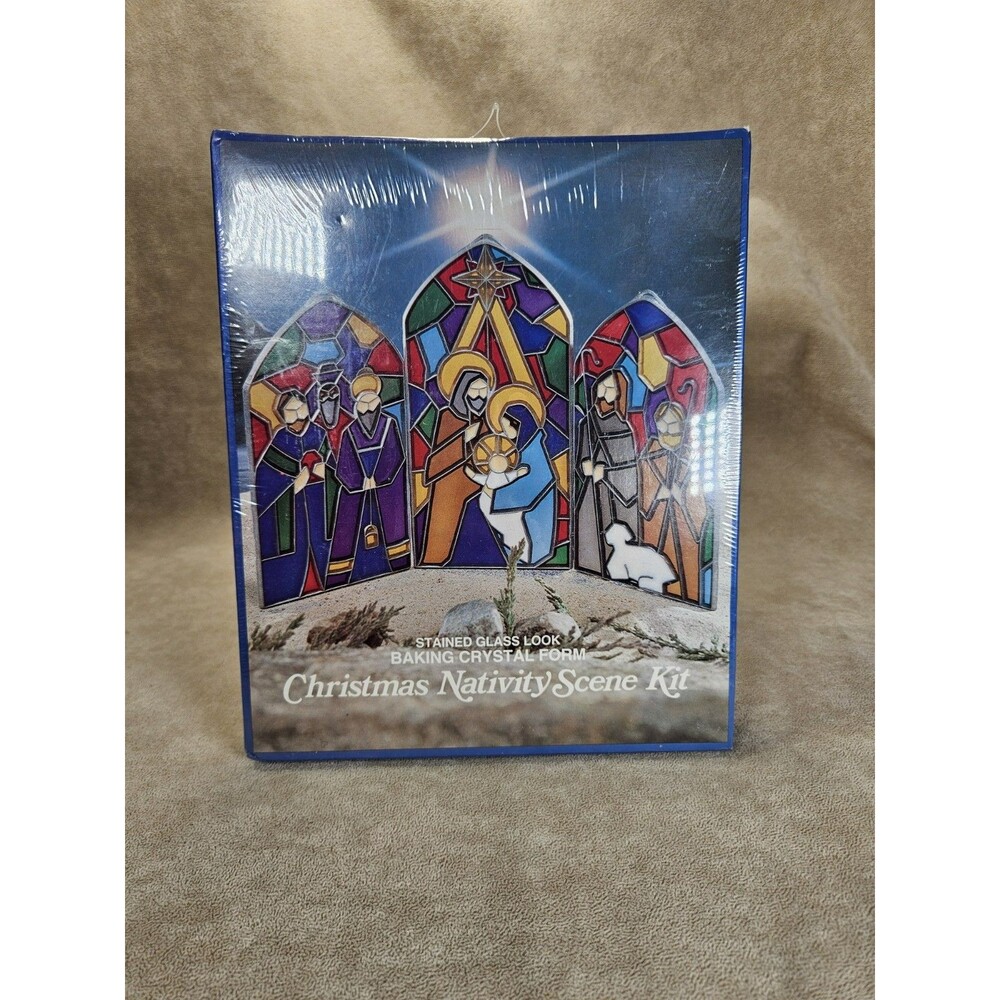 VTG Stained Glass Look Christmas NATIVITY Scene Kit Baking Crystal 3p Craft Kit